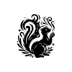 Stylized Black Skunk with Bushy Tail and Floral Accents.