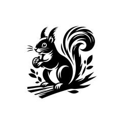 Stylized Black Squirrel Holding Acorn on Branch with Leaves.