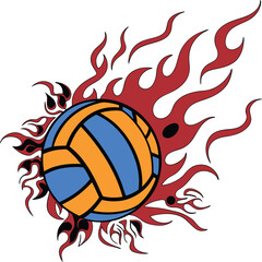 Dynamic volleyball with fiery flames and tribal accents isolated on transparent background