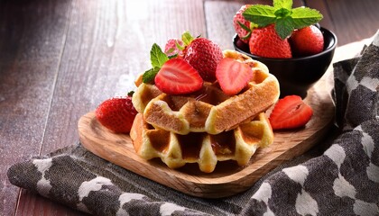 fluffy waffles with strawberries and syrup for breakfast