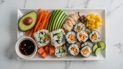 A rectangular plate filled with an assortment of sushi rolls, avocado, and various vegetable slices