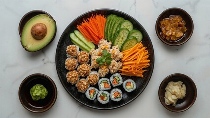 Overhead shot of a sushi platter with avocado, wasabi, ginger, and orange marmalade on a white surface