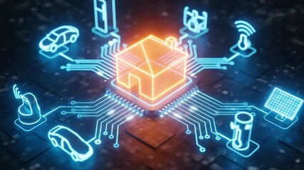 A central smart home hub connects various devices and services through a glowing digital network, representing the internet of things - Powered by Adobe