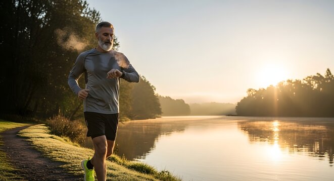 Mature man with grey hair and beard running along a lakeside path at sunrise, wearing athletic clothing and a smartwatch. - Powered by Adobe