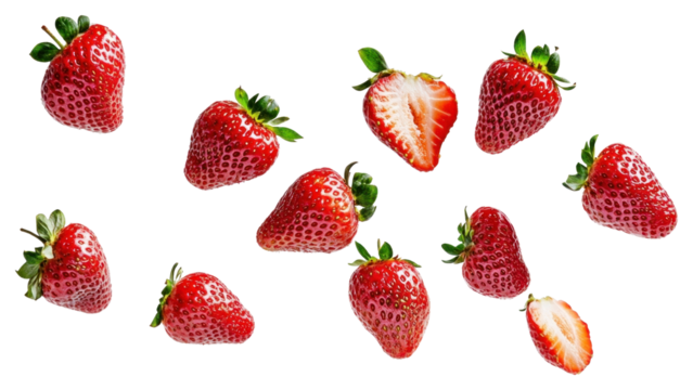 PNG Fresh strawberries flying in the air strawberry isolated fruit.