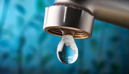 close up of a dripping water faucet with a droplet frozen in midair symbol of water saving
