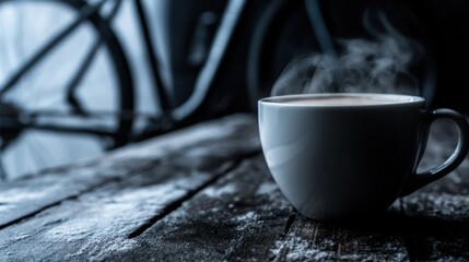 Steam Rising from Hot Coffee in a White Mug on a Rustic Wooden Table with a Bicycle in the Background