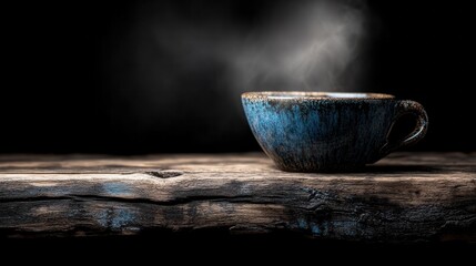 Steaming Blue Cup on Weathered Wooden Table Against Dark Background, Coffee or Tea Beverage in Focus