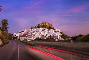 Salobre&ntilde;a medieval town with light trails at dusk, province of Granada, Andalusia, Spain