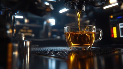 Warm Beverage Pouring into Clear Glass Cup from Professional Espresso Machine in Modern Coffee Shop Setting
