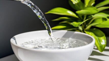 Clear Water Pouring into White Bowl Surrounded by Fresh Green Plant in Bright Light Setting