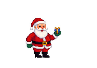 Fototapeta premium Pixel Art Santa Claus Holding Gift Box On Isolated Transparent Background