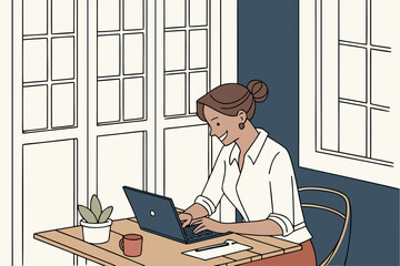 business Woman working on laptop by window, smiling, home office setting
