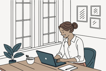 business Woman working on laptop by window, smiling, home office setting