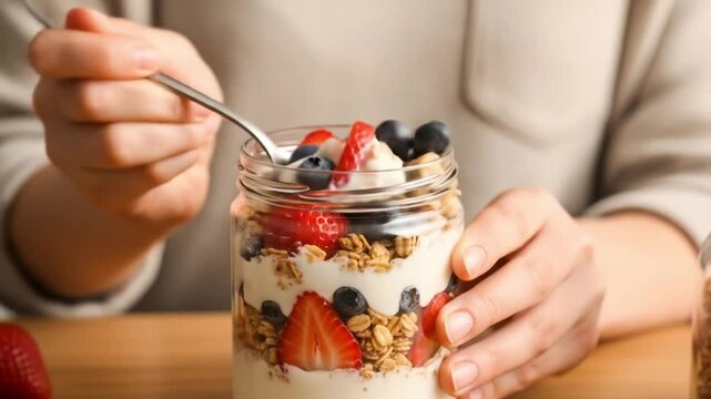 A person is taking a spoonful of a delicious layered yogurt parfait with granola and fresh berries from a glass jar