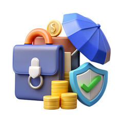 Business Risk and Risk Management 3D Icon Set &ndash; Shield, Chart, Briefcase, Umbrella, Coin, File &ndash; Corporate Security, Financial Protection, Investment Strategy
