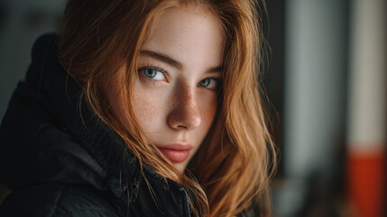 Close up portrait of a woman with red hair and blue eyes wearing a black jacket