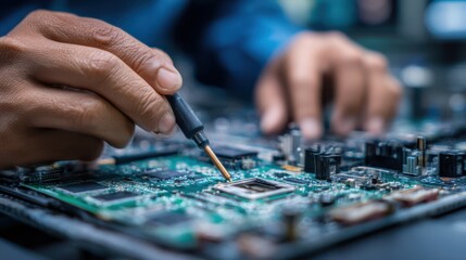 Naklejka premium A technician inspects a circuit board with precision, using a probe to test connections in an electronics lab filled with tools and equipment. The focus is on their skilled hands and components