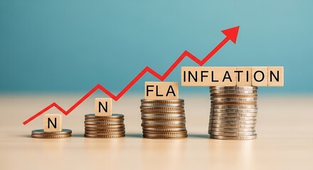 Inflation Rise Concept: Stacked Coins, Red Arrow Up, Wooden Blocks spelling "INFLATION" on table with blue background.