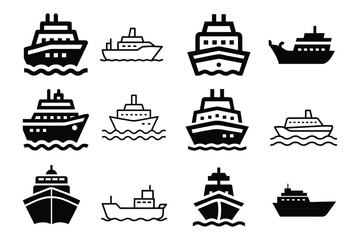 Obraz premium Collection of stylized cruise ship illustrations in various colors and orientations for maritime themes