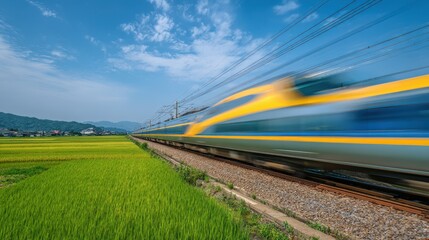 Obraz premium A bright yellow and blue train speeds past vibrant green rice fields, creating a striking contrast with the clear blue sky and distant mountains in a rural area during the day