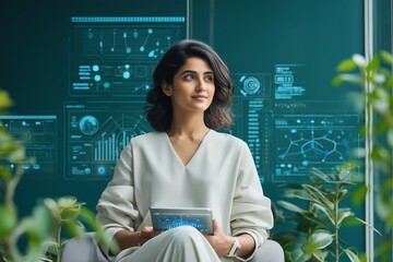 Cinematic shot of a businesswoman using a tablet to engage with an abstract, glowing interface, representing seamless human-computer interaction and global connectivity.