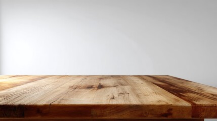 Wooden table with an empty space for product display, set against the backdrop of a blurred white wall interior. Ready for display, product.