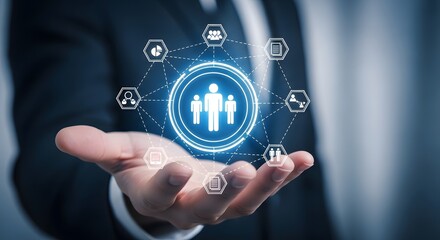 Business professional showcasing digital human resources and technology network