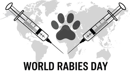 World Rabies Day Vector Illustration with Global Map, Paw Print, and Syringes for Vaccination Awareness and International Disease Prevention Campaign