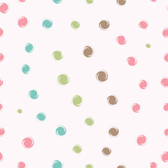 White background with colorful pastel polka dots in abstract swirl texture, seamless repeat pattern ideal for nursery room, packaging, kidswear, and soft decor designs.