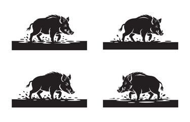 Silhouette illustrations of wild boars walking across a black textured surface in a set