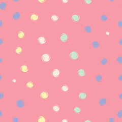  pastel polka dots with soft whirlpool swirl effect on dark pink background, seamless pattern for fabric, kids apparel, wrapping paper, textile, and nursery decor
