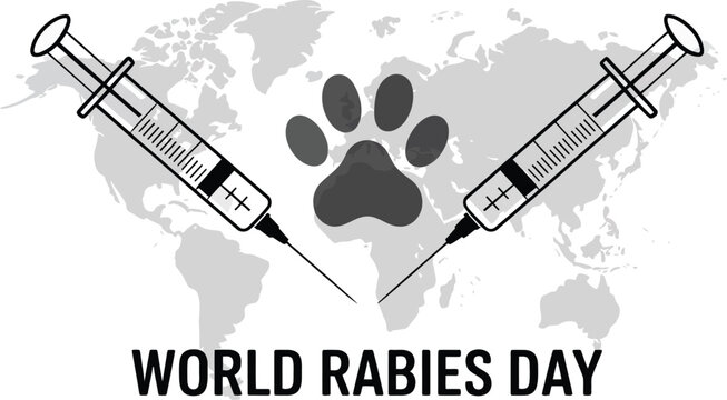 World Rabies Day Vector Illustration with Global Map, Paw Print, and Syringes for Vaccination Awareness and International Disease Prevention Campaign