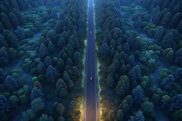An Aerial View of a Long Empty Road Winding Through a Dense Forest at Dusk with Streetlights Illuminating the Path Ahead