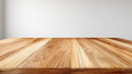 Wooden table with blurred white wall background, for display or montage your products. Mockup for display of product.