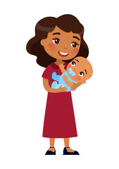 Happy young woman with dark skin holding little baby boy in her arms.
Concept of warm, joyful emotions of motherhood, love and tenderness.
Cute cartoon character