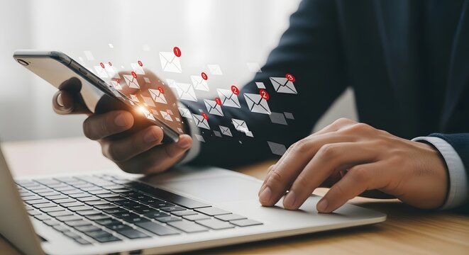 Man using smartphone and laptop with digital data flowing
