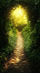 Obraz premium Walking Path Leads Through Green Archway Into Bright Sunlight