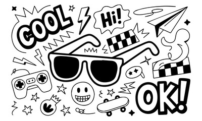Hand-drawn doodle vector set with cool icons like skulls, smiley faces, lightning bolts, game controller, and more. Perfect for t-shirts, stickers, and streetwear graphics.