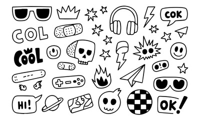 Hand-drawn doodle vector set with cool icons like skulls, smiley faces, lightning bolts, game controller, and more. Perfect for t-shirts, stickers, and streetwear graphics.