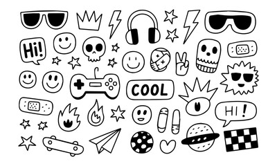Hand-drawn doodle vector set with cool icons like skulls, smiley faces, lightning bolts, game controller, and more. Perfect for t-shirts, stickers, and streetwear graphics. © dkzone09 