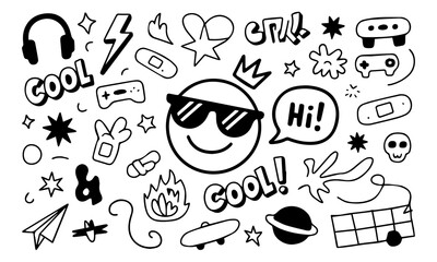 Hand-drawn doodle vector set with cool icons like skulls, smiley faces, lightning bolts, game controller, and more. Perfect for t-shirts, stickers, and streetwear graphics.