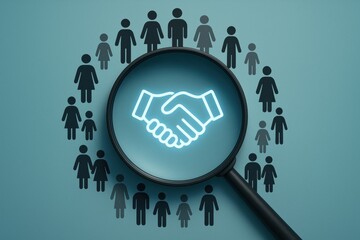 Deal-Making Under the Magnifying Glass: A visual representation of partnership, illustrated by a glowing handshake symbol, highlighted under a magnifying glass, surrounded by diverse individuals.