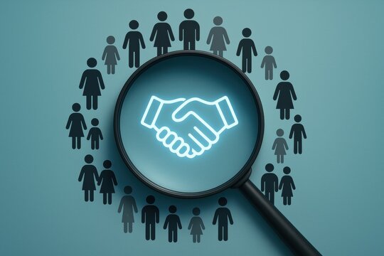 Deal-Making Under the Magnifying Glass: A visual representation of partnership, illustrated by a glowing handshake symbol, highlighted under a magnifying glass, surrounded by diverse individuals.
