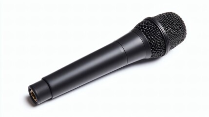 Top view of professional studio microphone with XLR connector isolated on clean white background, captured with crisp detail under controlled lighting at f/8.0 for a high-resolution product presentati