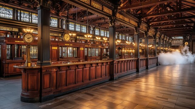 Victorian station grand railway concourse golden lighting ornate iron columns wooden booths brass timepiece steam atmospheric heritage terminal