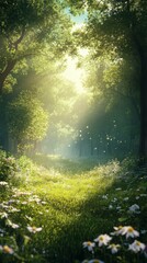 Fototapeta premium Walking Through Forest Meadow with Sunlight and Wildflowers