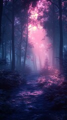Obraz premium Walking Path Through Enchanted Forest with Pink Light and Fog