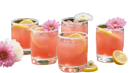 Pink Cocktail Drinks In Glass With Lemon And Flowers On Transparent Background