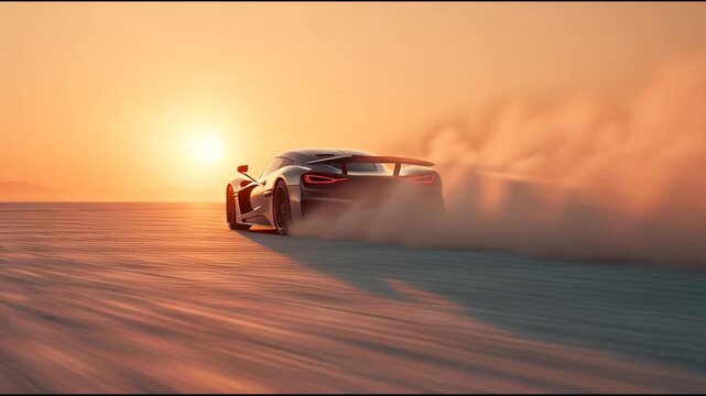 low angle desert salt-flat, matte silver hypercar ripping past camera, heat shimmer and dust plume trailing, sunrise orange glow, long motion streaks, cinematic intensity 91_51 1 1_4K_10s